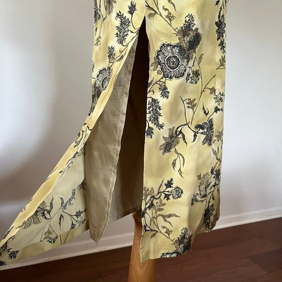 Vintage 90s Green Black Floral Silk Midi Dress Long Sleeve Grunge // Size XS 0 - Picture 5 of 6